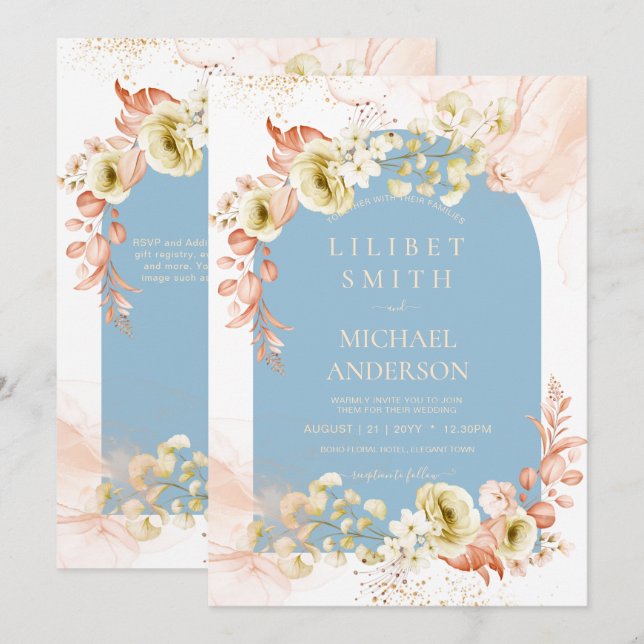 Carte Saisons Dusty Blue Coral Floral Mix Mariage (Devant / Derrière)