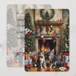Carte Salle décorée festive, cheminée, chats, vintage