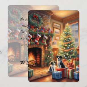 Carte Salle décorée festive, cheminée, chiens, vintage