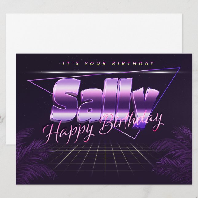 Carte Sally Name Prénom lila retro Map Anniversaire (Devant / Derrière)