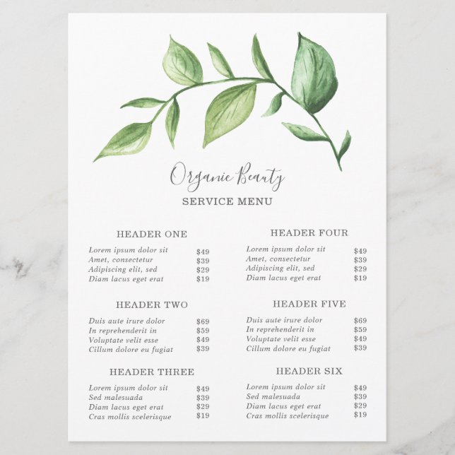 Carte Salon de beauté de verdure simple Tarifs (Devant)