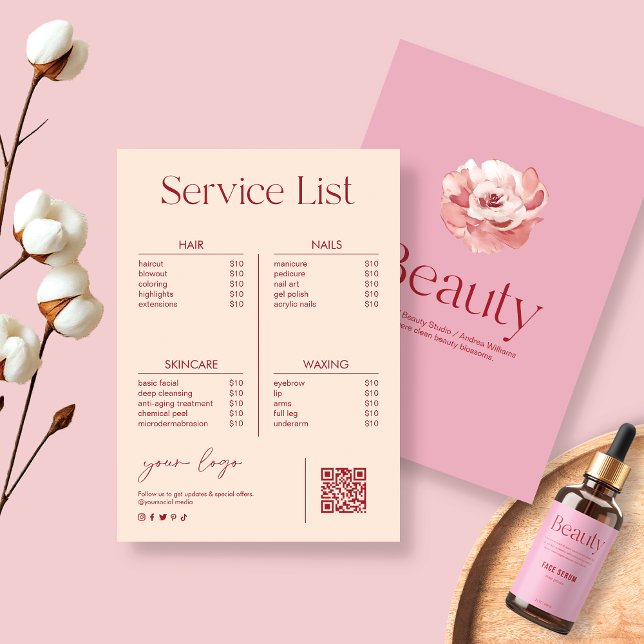 Carte Salon de beauté rose pâle Liste des prix (Créateur téléchargé)