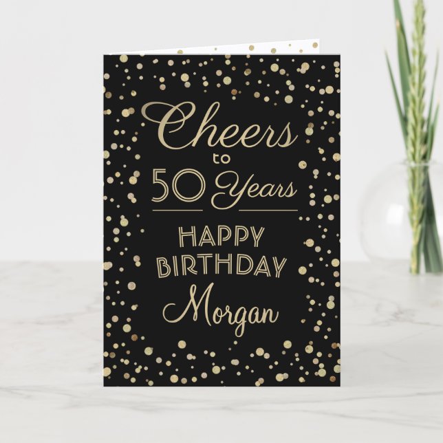 Carte Salue chaque année Anniversaire Noir Confetti 50e (Devant)