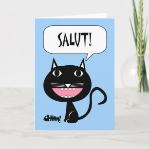 Carte Salut ! Bonjour en français, Chat noir avec des os