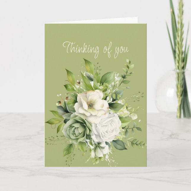 Carte Salut Bonjour Penser de vous Roses Blanches Verdur (Devant)