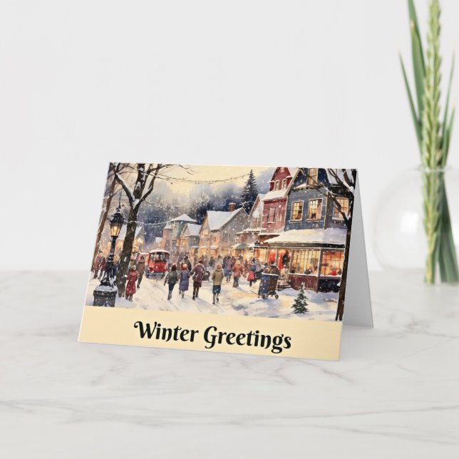 Carte Salut d'hiver, rue de ville enneigée, (Devant)