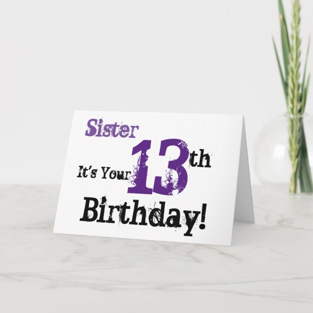Carte Salutation de 13e anniversaire de soeur en noir, v (Devant)