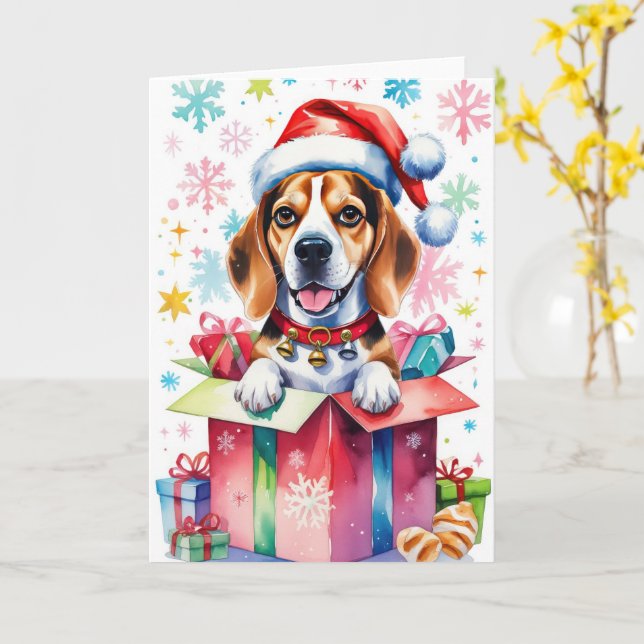 Carte Salutation de Noël du chien beagle (Fleur jaune)