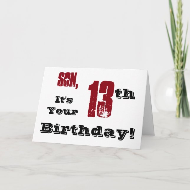 Carte Salutation de son 13e anniversaire en noir, rouge, (Devant)