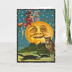 Carte Salutation vintage Halloween Moon Witch