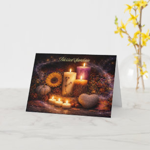 Carte Salutations de Samhain avec bougies herbes cœur