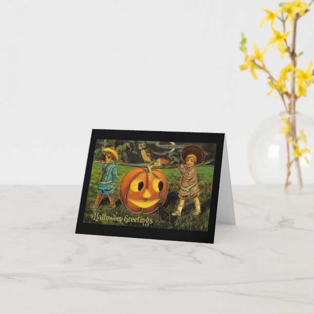 Carte Salutations d'Halloween Garçons Citrouille Vintage (Fleur jaune)