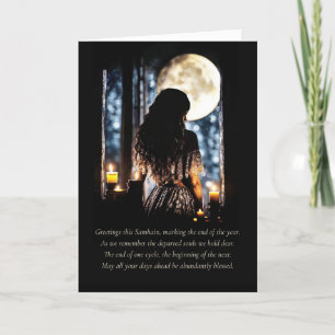 Carte Samhain Salutations avec bougies lune Mystique