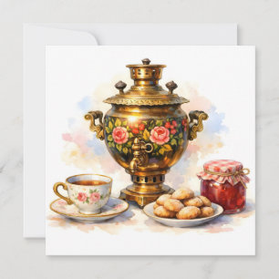 Carte Samovar russe aquarelle avec biscuits et confiture