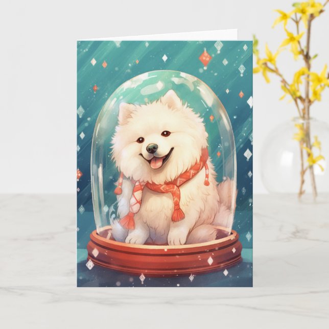 Carte Samoyé dans un Globe des neiges de Noël (Fleur jaune)