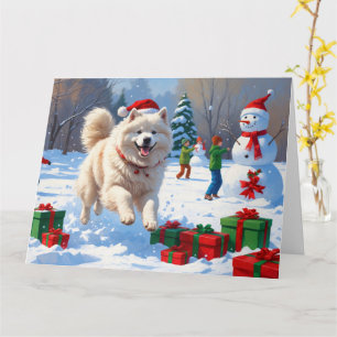 Carte Samoyed Running en neige avec Casquette de Noël