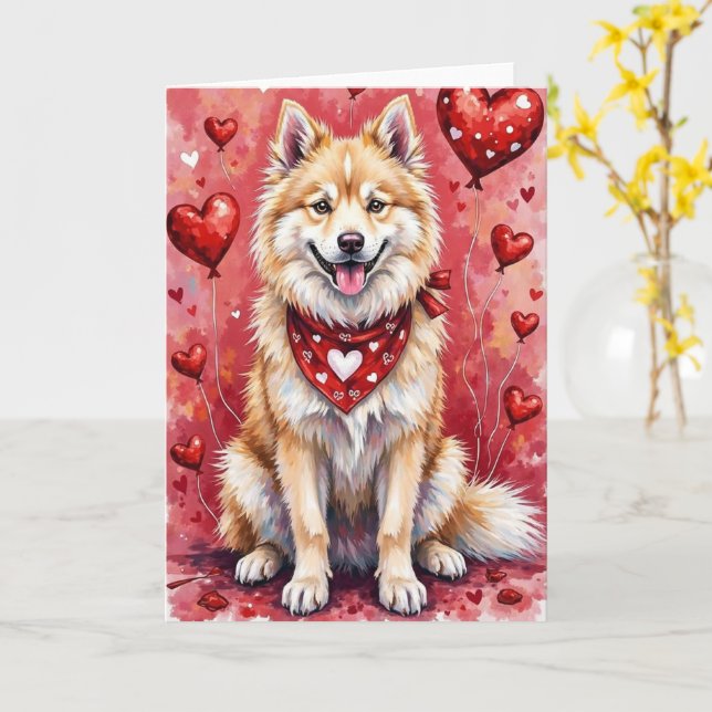 Carte Samoyed Valentine’s Day Dog with Hearts Red (Fleur jaune)