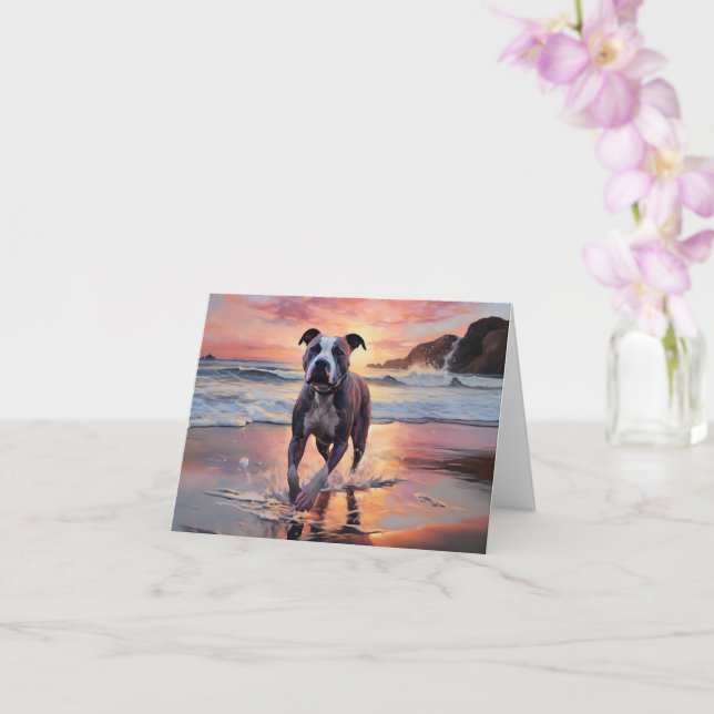 Carte Sandy American Staffordshire Dog on Beach Sunset (Orchidée)