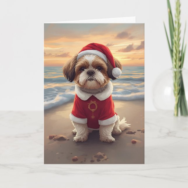 Carte Sandy Paws & Holiday Cheer – Little Beach Santa (Devant)