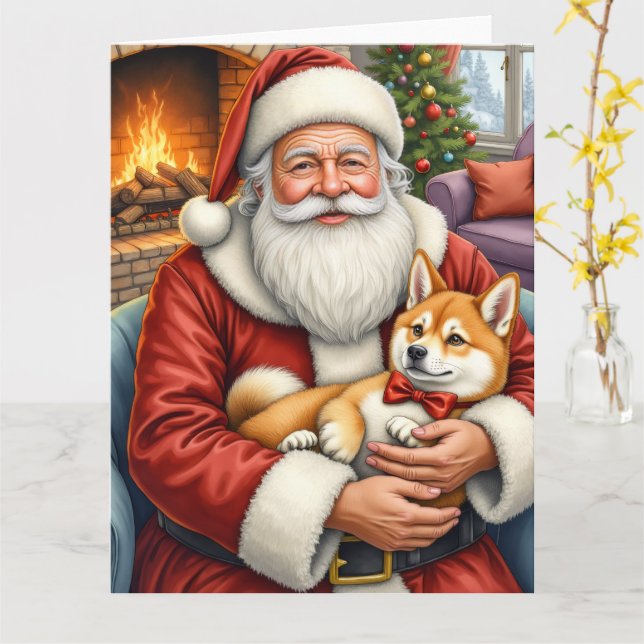 Carte Santa Claus Holding Akita Christmas Art (Fleur jaune)