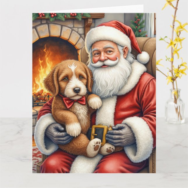 Carte Santa Claus Holding Bernedoodle Christmas Art (Fleur jaune)