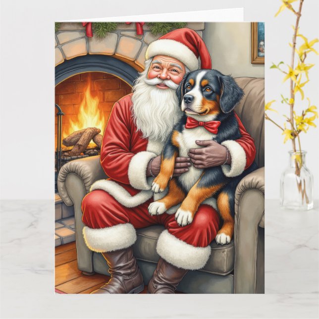 Carte Santa Claus Holding Bernese Mountain Dog Christmas (Fleur jaune)