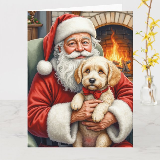 Carte Santa Claus Holding Cockapoo Christmas Art (Fleur jaune)