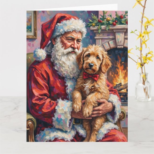 Carte Santa Claus Holding Goldendoodle Christmas Art (Fleur jaune)