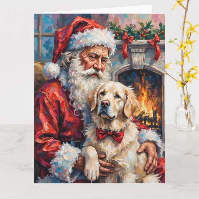 Carte Santa Claus Holding Great Pyrenees Christmas Art (Fleur jaune)