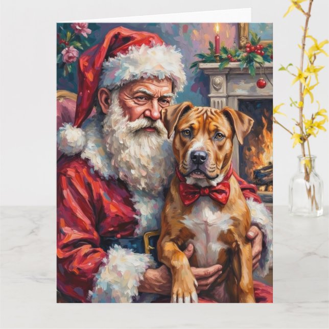 Carte Santa Claus Holding Pitbull Christmas Art (Fleur jaune)