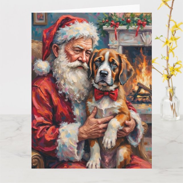 Carte Santa Claus Holding Saint Bernard Christmas Art (Fleur jaune)