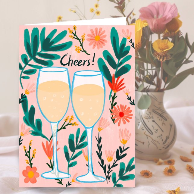 Carte Santé! Fleurs de Champagne au vin mousseux Fêtes (Cheers! Sparkling Wine Champagne Flowers Congrats Card Wedding Engagement Anniversary)