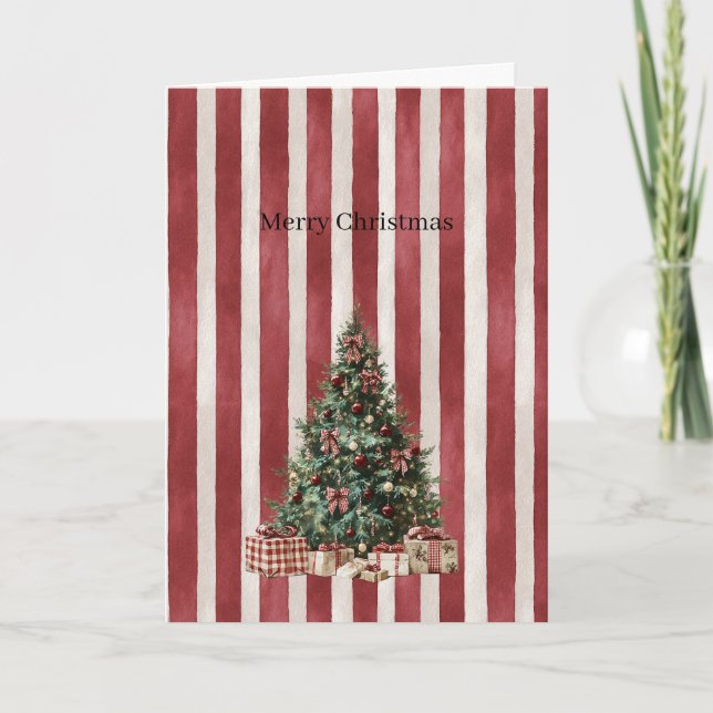 Carte Sapin de Noël à rayures rouges et crème (Devant)