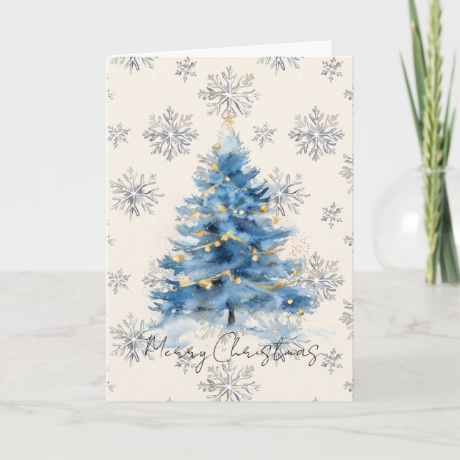 Carte Sapin de Noël Bleu Or Argent (Devant)