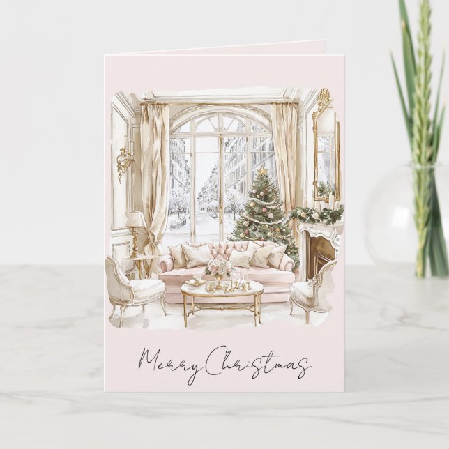 Carte Sapin de Noël Fenêtre Rose Pivoine (Devant)
