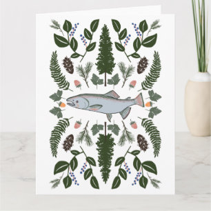 Carte Saumon PNW Nature Sapin Fougères Baies Cueillette 