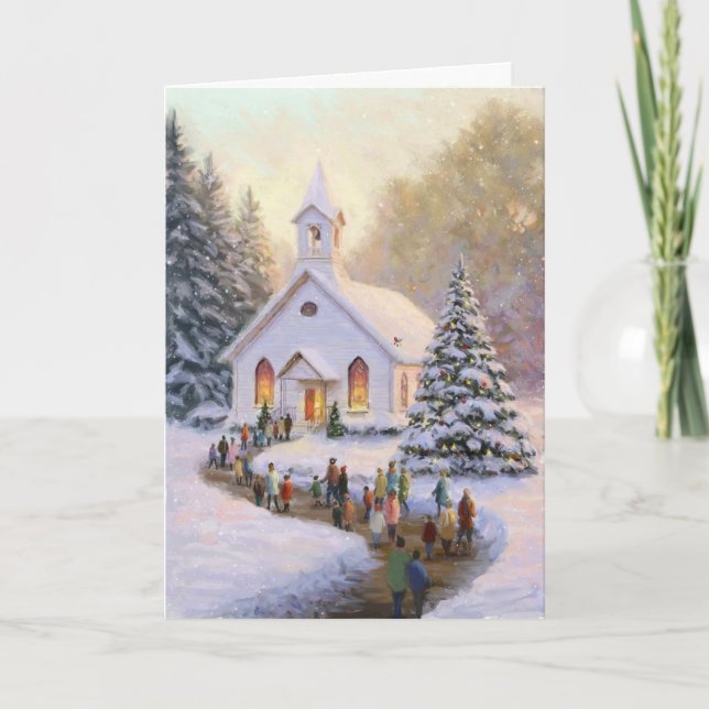 Carte Scène de neige avec église et paroissiens (Devant)