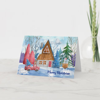 Carte Scène de Noël avec chalet et camion rouge
