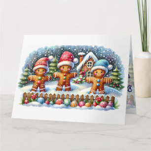 Carte Scène de Noël enneigée avec une famille en pain d'
