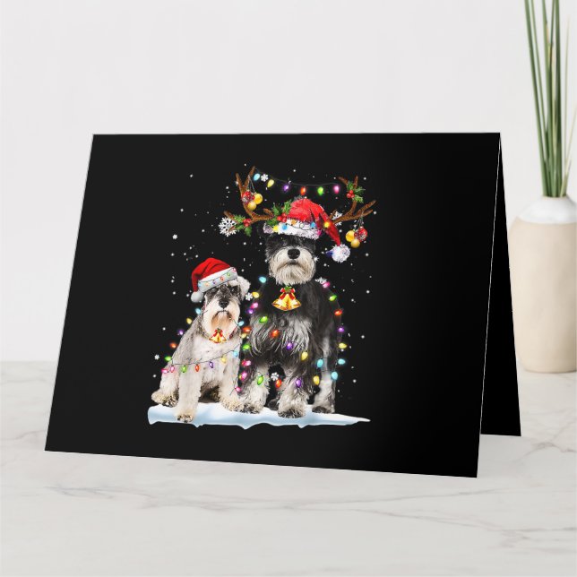 Carte Schnauzer Renne Chapeau de Père Noël Xmas Lumières (Devant)