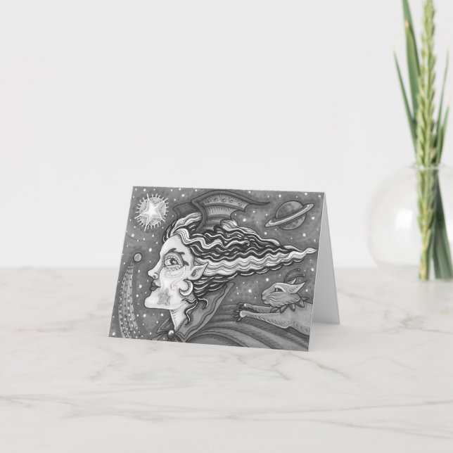 CARTE SCI FI SPACE WITCH & COMET CAT HUMOUR NOIR / WHT B (Devant)