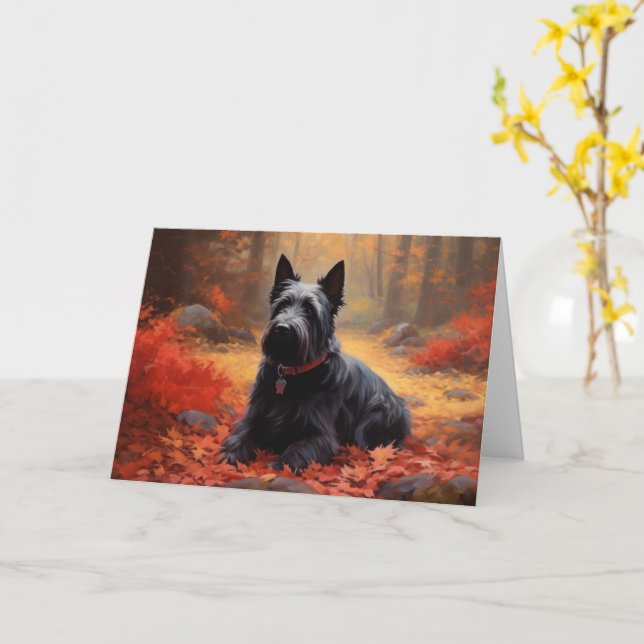 Carte Scottish Terrier en automne Leaves Fall Inspire (Fleur jaune)