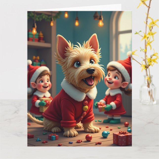 Carte Scottish Terrier Helping Santa’s Elves Christmas (Fleur jaune)
