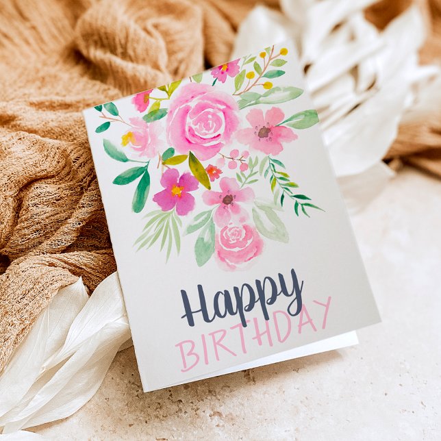 Carte Script d'anniversaire d'aquarelle florale pastel d (Créateur téléchargé)