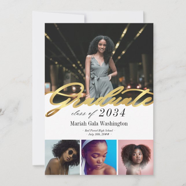Carte Script Gold branché Quatre Photo Collage Graduatio (Devant)