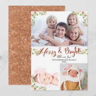 Carte Script Merry Bright Berry Foliage Rose Gold Photo