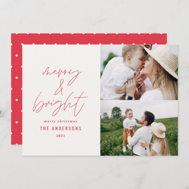 Carte Script moderne 1 photo rouge Noël minimal (Devant / Derrière)