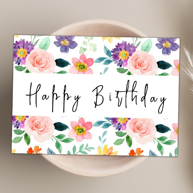 Carte Script moderne Aquarelle Fleur sauvage Joyeux Anni (Créateur téléchargé)