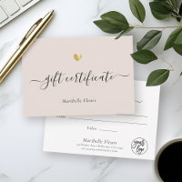 Script moderne Gold Heart Logo Certificat cadeau