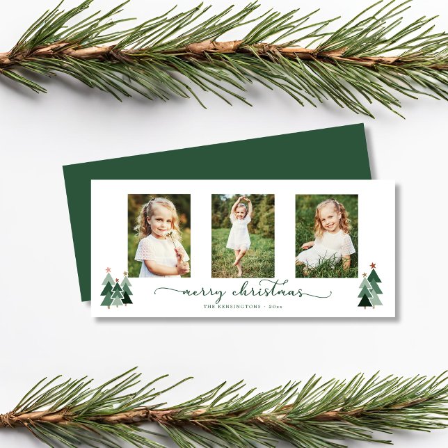 Carte Script rustique Arbres de Noël Holiday 3 Photo (Rustic Script Christmas Trees Holiday 3 Photo Card)